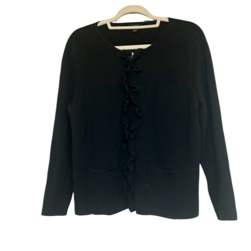 Talbots Black Micro Waffle Knit Ruffle Zip Up Light Weight Jacket - Picture 1 of 8
